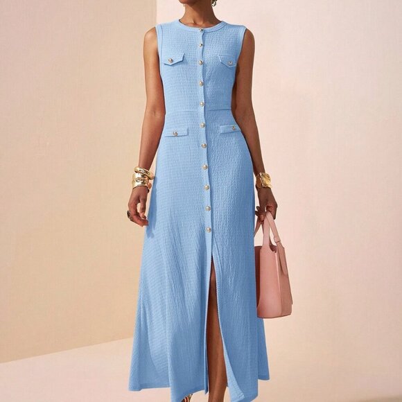 Dresses & Skirts - Blue Elegant Women's Round Neck Sleeveless button down Maxi Dress